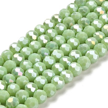 Opaque Glass Beads Stands, AB Color, Faceted(32 Facets), Round, Light Green, 6x5.5mm, Hole: 1.2mm, about 91~93pcs/strand, 19.49~19.92 nch(49.5~50.6cm)