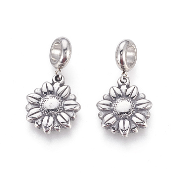 304 Stainless Steel European Dangle Charms, Large Hole Pendants, Daisy, Antique Silver, 28.5mm, Hole: 5mm, Pendant: 17.5x15x3mm