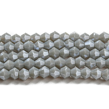 Opaque Solid Color Electroplate Glass Beads Strands, Pearl Luster Plated, Faceted, Bicone, Gray, 4x4mm, Hole: 0.8mm, about 82~85pcs/strand, 12.01~12.2 inch(30.5~31cm)