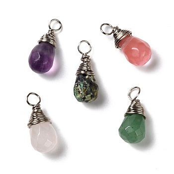 Natural & Synthetic Mixed Stone Faceted Charms, with Eco-Friendly Copper Wire, Teardrop, Real Platinum Plated, 12.5~14x6mm, Hole: 2.5mm