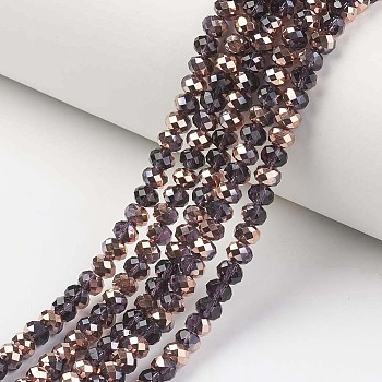 Electroplate Transparent Glass Beads Strands, Half Copper Plated, Faceted, Rondelle, Coconut Brown, 3x2mm, Hole: 0.8mm, about 150~155pcs/strand, 15~16 inch(38~40cm)