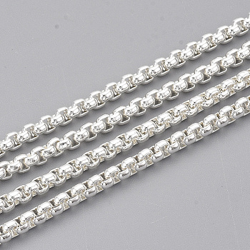 304 Stainless Steel Box Chains, Venetian Chains, Unwelded, with Spool, Silver Color Plated, 3x3x1.5mm, about 32.8 Feet(10m)/roll