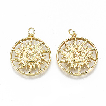 Brass Pendants, with Jump Rings, Nickel Free, Sun with Moon, Real 16K Gold Plated, 24x22x3mm, Jump Ring: 5x0.8mm, 3.4mm inner diameter