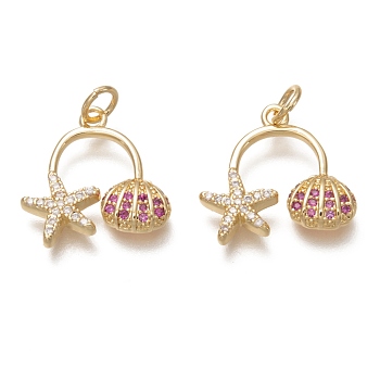 Brass Micro Pave Clear & Medium Violet Red Cubic Zirconia Pendants, with Jump Ring, Long-Lasting Plated, Starfish & Shell Shape, Real 18K Gold Plated, 16x17x3mm, Hole: 3mm