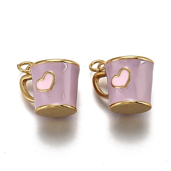 Brass Pendants, with Enamel and Jump Rings, Cup with Heart Pattern, Real 18K Gold Plated, Medium Purple, 14.5x17x13mm, Hole: 3mm