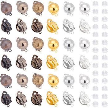 36Pcs 6 Colors Brass Clip-on Earring Findings, with Horizontal Loops, Half Round, with 40Pcs Silicone Ear Nuts, Mixed Color, 20x13mm, Hole: 3mm, 6Pcs/color