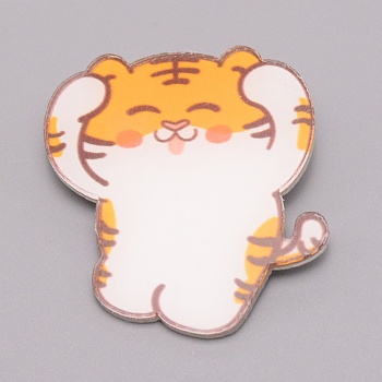 Tiger Chinese Zodiac Acrylic Brooch, Lapel Pin for Chinese Tiger New Year Gift, White, Orange, 37.5x36x7mm