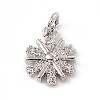 Brass Micro Pave Cubic Zirconia Charms, with Jump Rings, Snowflake Charm, Platinum, 11.5x9x2.5mm, Hole: 3mm 
