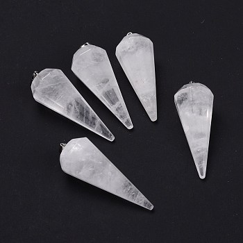 Natural Quartz Crystal Pendants, Rock Crystal Pendants, with Brass Findings, Faceted, 12 Facets Cone/Spike/Pendulum, Platinum, 42~44x15~16mm, Hole: 3.6x4mm