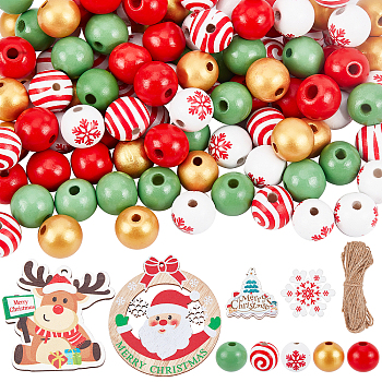 SUNNYCLUE DIY Christmas Decoration Making Kits, Including Christmas Tree & Reindeer & Snowflake Wood Pendant and Round Beads, Jute Cord, Mixed Color
