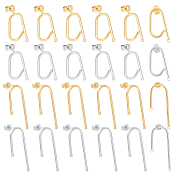 20Pairs 4 Styles 304 Stainless Steel Stud Earring Findings, with Loop & Ear Nuts/Earring Backs, Golden & Stainless Steel Color, 24x12x1.5mm, 37x15x1.5mm, Hole: 1.5mm, Pin: 0.8mm, 5pairs/style
