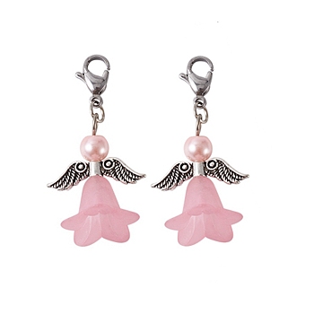 Acrylic Pendants, with Glass Pearl Beads, Iron Findings, 304 Stainless Steel Lobster Claw Clasps and Wing Alloy Beads, Pearl Pink, 41mm