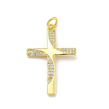 Brass with Cubic Zirconia Pendant, Cross, Real 16K Gold Plated, 28x18x1.8mm