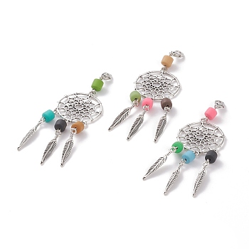 Tibetan Style Alloy Pendants, with Polymer Clay Bead and Lobster Claw Clasp, Woven Net/Web with Feather, Mixed Color, 34mm