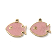 Ion Plating(IP) 316L Surgical Stainless Steel Charms, with Enamel, Real 18K Gold Plated, Fish Charm, Pink, 10x12x1.5mm, Hole: 1mm(STAS-D035-01A-G)