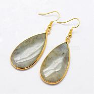 Natural Labradorite Dangle Earrings, Drop, with Brass Findings, Golden, 61mm, Pin: 0.8mm(EJEW-L179-01H)