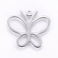 304 Stainless Steel Pendants, Butterfly, Stainless Steel Color, 23x26x0.8mm, Hole: 1.5mm(STAS-I094-12P)