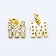Brass Micro Pave Grade AAA Cubic Zirconia Charms, Letter M, Cadmium Free & Nickel Free & Lead Free, Real 18K Gold Plated, 8x7x1.5mm, Hole: 2mm(ZIRC-P067-11G-M-NR)