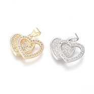 Brass Micro Pave Cubic Zirconia Pendants, Heart with Heart, Clear, Mixed Color, 16x19.5x3mm, Hole: 5x3.5mm(ZIRC-I032-47)