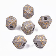 Painted Natural Wood Beads, Laser Engraved Pattern, Faceted, Polygon with Leopard Print, Light Grey, 10x10x10mm, Hole: 2mm(WOOD-T021-51A-05)