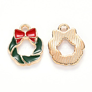 Alloy Enamel Charms, for Christmas, Christmas Wreath with Bowknot, Light Gold, Dark Green, 15x12x2mm, Hole: 1.8mm(X-ENAM-S121-109)