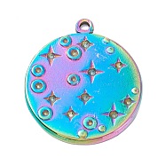 Vacuum Plating 304 Stainless Steel Pendant Rhinestone Cabochons, Flat Round with Star, Rainbow Color, 21x18x1.5mm, Hole: 1.2mm, Fit for 1mm and 1.2mm Rhinestone(STAS-P288-14M)