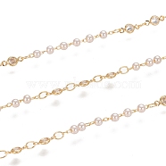 Handmade Brass Link Chains, with Glass Links, Cubic Zirconia Link and Spool, Soldered, Long-Lasting Plated, Golden, 8x3.5x1.5mm and 3.5x2.5x0.5mm, about 32.8 Feet(10m)/roll(CHC-I034-06G)