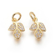 Brass Micro Pave Cubic Zirconia Charms, Lead Free & Cadmium Free, Clear, Leaf, Golden, 11.5x8.5x2.5mm, Hole: 3mm(ZIRC-J021-12G-RS)