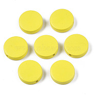 Painted Natural Poplar Wood Beads, Flat Round, Yellow, 20x5mm, Hole: 1.4mm(X-WOOD-S045-063B-08)