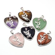 Heart with Flower Platinum Plated Brass Natural & Synthetic Mixed Stone Pendants, Cadmium Free & Lead Free, 37x31.5x8mm, Hole: 5x8mm(G-F228-31-RS)