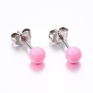 304 Stainless Steel Spray Painted Stud Earrings, Round, Pink, 17x6mm, Pin: 0.8mm, 12pairs/card(EJEW-H353-07-F)
