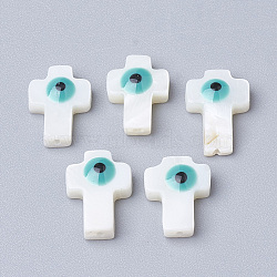 Natural Freshwater Shell Beads, Cross with Evil Eye, Cadet Blue, 13x9x3.5mm, Hole: 1mm(SHEL-Q017-10D)
