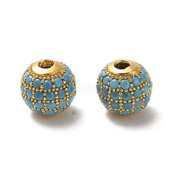 925 Sterling Silver Micro Pave Cubic Zirconia Beads, Round, Real 18K Gold Plated, Sky Blue, 8x7.5mm, Hole: 2.2mm(STER-H110-24B-07G)