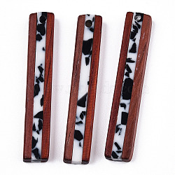 Opaque Resin & Wood Pendants, Two-Tone, Rectangle Charm, Black, White, 45x7.5x4.5mm, Hole: 2mm(RESI-N039-10)
