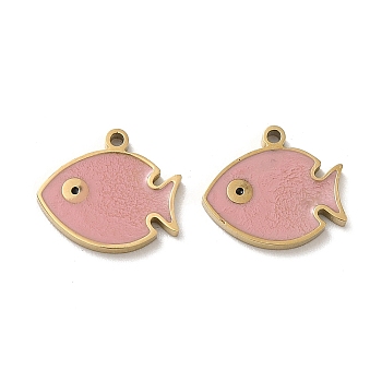 Ion Plating(IP) 316L Surgical Stainless Steel Charms, with Enamel, Real 18K Gold Plated, Fish Charm, Pink, 10x12x1.5mm, Hole: 1mm