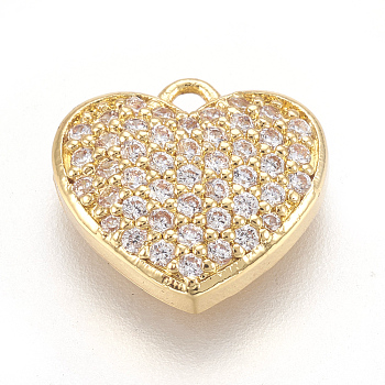 Brass Micro Pave Cubic Zirconia Charms, Heart, Clear, Golden, 11.5x12x3mm, Hole: 1.2mm
