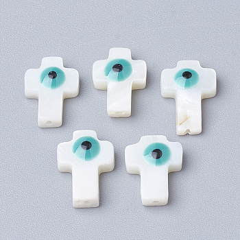 Natural Freshwater Shell Beads, Cross with Evil Eye, Cadet Blue, 13x9x3.5mm, Hole: 1mm