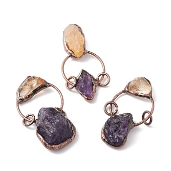 Raw Rough Natural Amethyst & Citrine Big Pendants, with Red Copper Tone Brass Findings, Nuggets, Cadmium Free & Lead Free, 51.5~63x27.5~29x13~18mm, Hole: 6mm