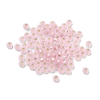 Frosted Silver Lined Glass Seed Beads, Round Hole, Round, Pink, 3x2mm, Hole: 1mm, 787pcs/bag