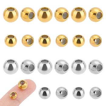 24Pcs 4 Style 201 & 202 Stainless Steel Beads, with Rubber Inside, Slider Beads, Stopper Beads, Rondelle, Golden & Stainless Steel Color, 6~8x4.5~6mm, Hole: 1.2~2mm, 6pcs/style