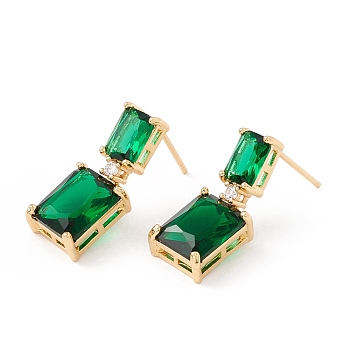 Real 18K Gold Plated Cubic Zirconia Rectangle Dangle Stud Earrings, Brass Jewelry for Women, Lead Free & Cadmium Free, Dark Green, 22mm, Pin: 0.8mm