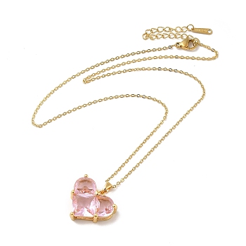 Pink Cubic Zirconia Pendant Necklace, Golden Brass Jewelry for Women, Heart Pattern, Heart: 19.5x21.5x7mm, 16.54 inch(42cm) 