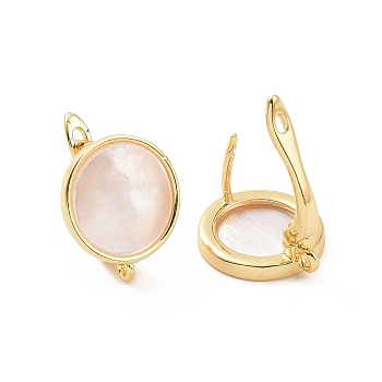 Rack Plating Brass Hoop Earring Findings with Latch Back Closure, with Natural White Shell and Horizontal Loop, Flat Round, Golden, 16x14x11mm, Hole: 1.2mm, Pin: 0.9mm