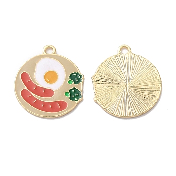 Alloy Enamel Pendants, Golden, Flat Round with Sausage with Poached Eggs Charm, Salmon, 22x20x1mm, Hole: 2mm
