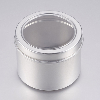 Round Aluminium Tin Cans, Aluminium Jar, Storage Containers for Jewelry Beads, Candies, with Slip-on Lid and Clear Window, Platinum, 6x4.65cm, Capacity: 60ml(2.02 fl. oz)