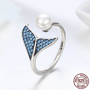 Adjustable 925 Sterling Silver Finger Rings, with Cubic Zirconia and Shell Pearl, with 925 Stamp, Mermaid Tail Shape, Blue, Antique Silver, 1.5mm
