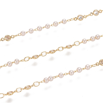 Handmade Brass Link Chains, with Glass Links, Cubic Zirconia Link and Spool, Soldered, Long-Lasting Plated, Golden, 8x3.5x1.5mm and 3.5x2.5x0.5mm, about 32.8 Feet(10m)/roll