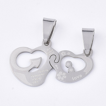201 Stainless Steel Split Pendants, Quote Pendants, for Lovers, Heart with Heart, with Word, Stainless Steel Color, 17x31x1mm, Hole: 8x4mm