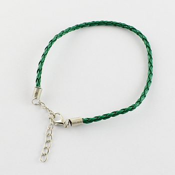 Trendy Braided Imitation Leather Bracelet Making, with Iron Lobster Claw Clasps and End Chains, Green, 200x3mm