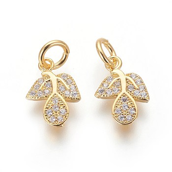 Brass Micro Pave Cubic Zirconia Charms, Lead Free & Cadmium Free, Clear, Leaf, Golden, 11.5x8.5x2.5mm, Hole: 3mm